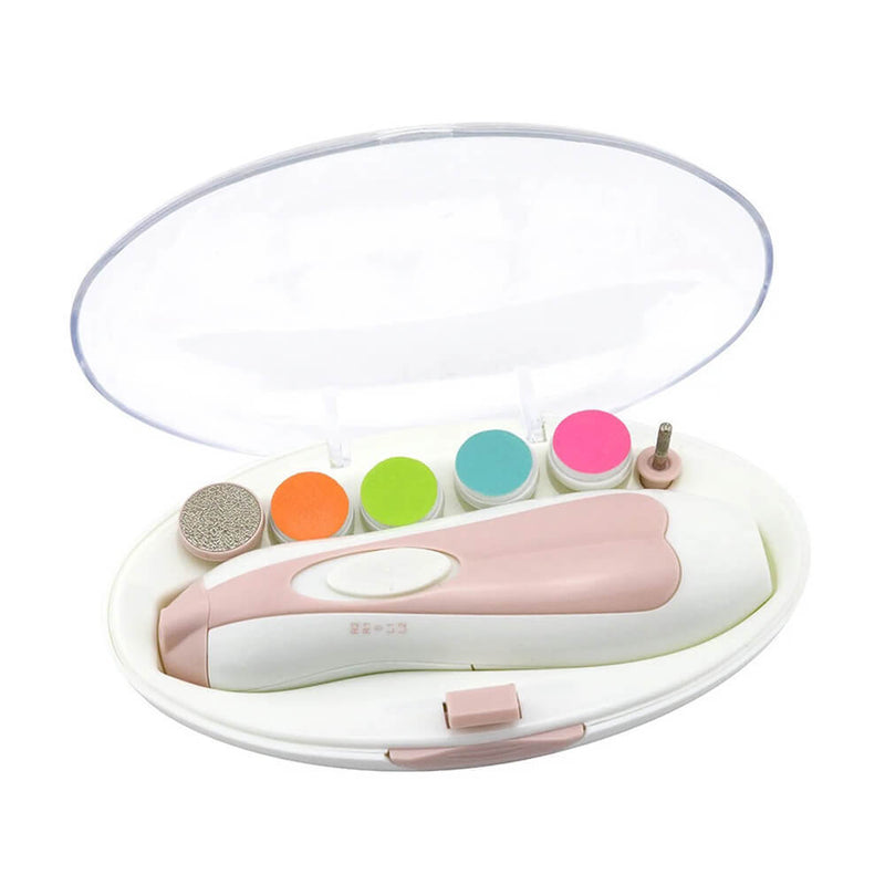 The Haakaa Baby Nail Care Set by Haakaa is a pink and white electric nail trimmer in an oval case with a transparent lid, including five colorful grinding headsβan essential safe baby nail file for gentle baby nail care.