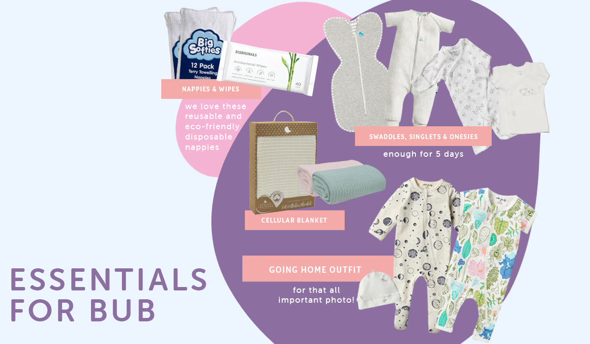 Image featuring baby essentials and clothing items with text "Essentials for Bub.