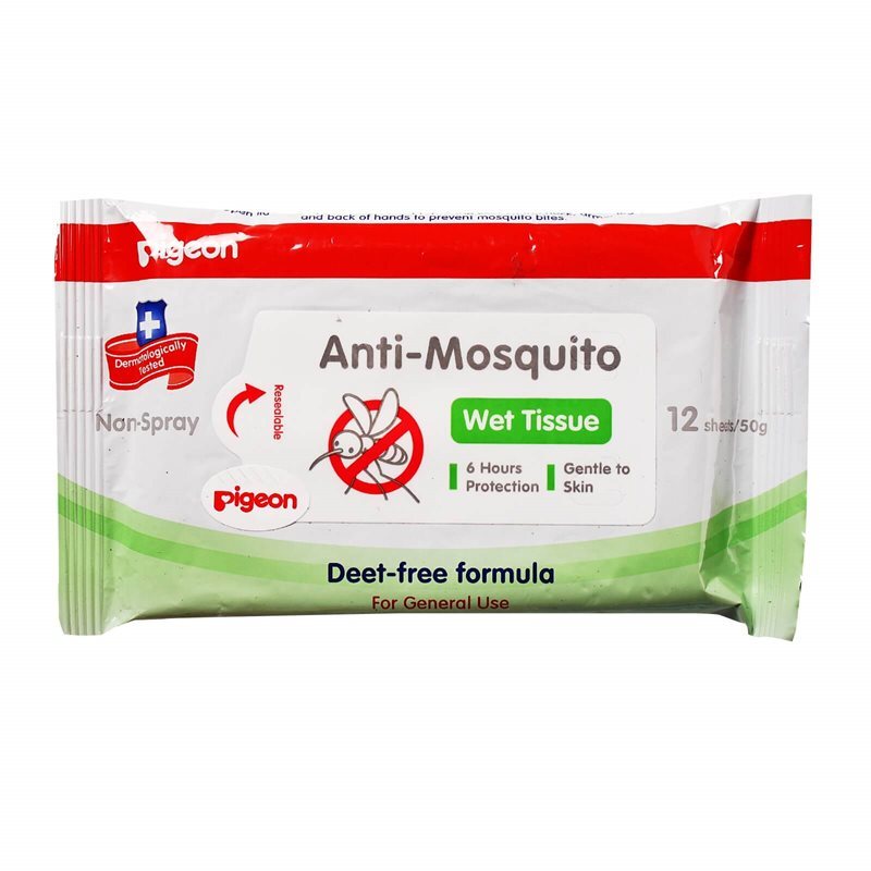 Pigeon Anti Mosquito Tissue Wipes 12pk by Pigeon feature a red and white pack with a crossed-out mosquito, "6 Hours Protection," and "Gentle to Skin" text. These DEET-free wipes contain 12 sheets for safe, effective insect repellent.