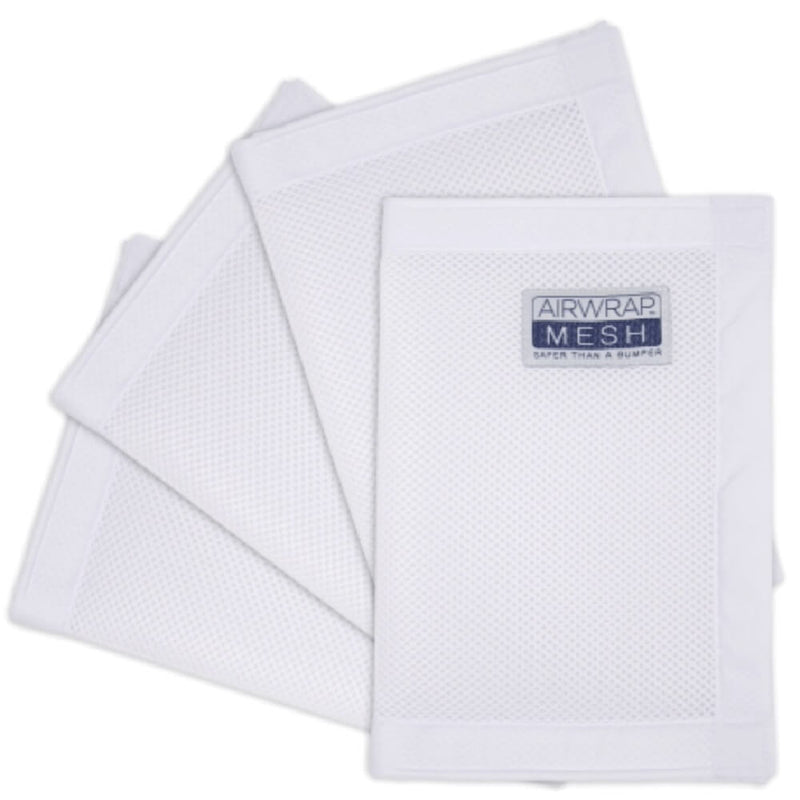 Three white mesh panels from the Airwrap Mesh 4 Sides Bumper by Airwrap, a breathable and safer bumper alternative, with "AIRWRAP MESH Safer Than a Bumper" on the top piece, fanned out on a white background.