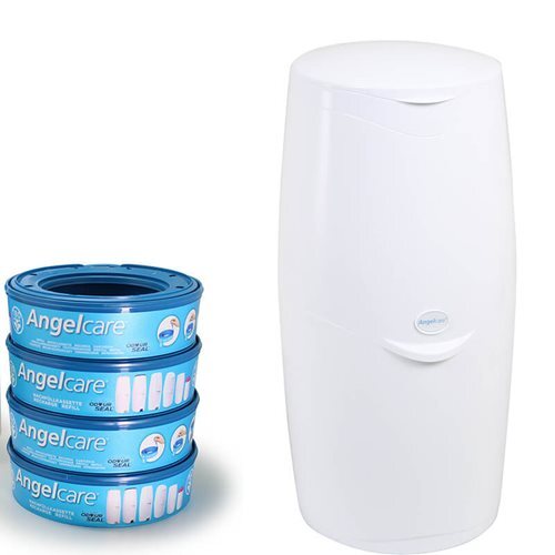 An Angelcare Nappy Disposal System Starter Kit in white, featuring advanced air seal technology, stands beside three stacked blue Angelcare refill cartridges.