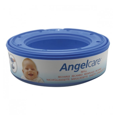 The Angelcare Nappy Disposal System Refill Cassette 1pk is a blue and white cassette with odour-barrier technology and a smiling baby on the label, compatible with Angelcare systems. The packaging features multilingual text.