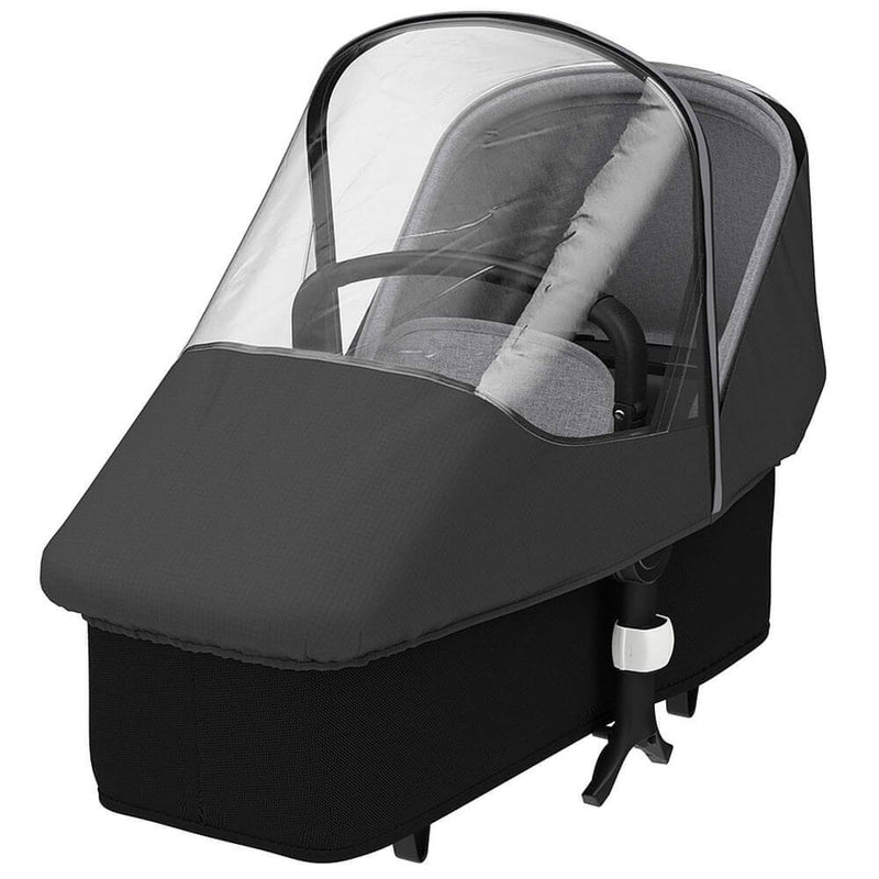 The Bugaboo Donkey 5 & Runner High Performance Raincover by Bugaboo is a black bassinet with a grey interior, handlebar, and rain cover, designed to attach securely to your stroller.