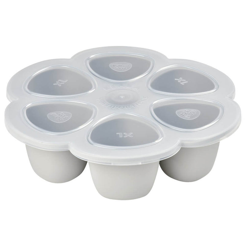 The Beaba Freezing Multiportions is a white, flower-shaped silicone tray with six XL heart-labeled compartments and a transparent lid—ideal for baby food storage.