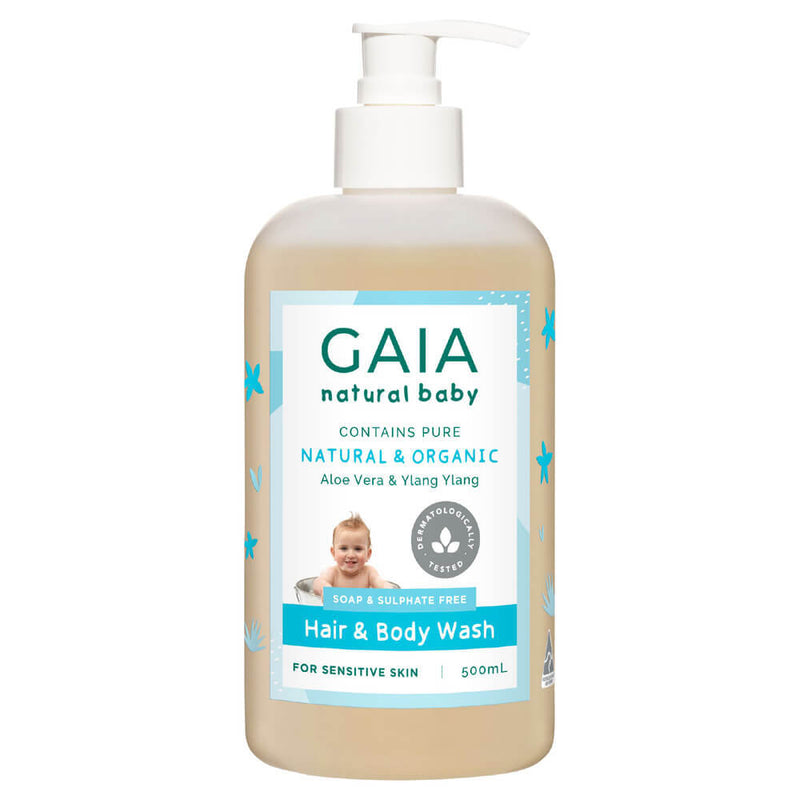 A 500mL bottle of Gaia Baby Hair & Body Wash by Gaia, featuring a pump dispenser. The label highlights natural and organic ingredients with aloe vera and ylang ylang, making it gentle for sensitive baby skin.