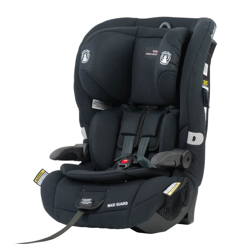 The Britax Safe-n-Sound Maxi Guard Black is a forward-facing harnessed car seat with adjustable headrest, padded side wings, Active Head Restraint, six-point harness, and labels; designed for safety and comfort during travel.