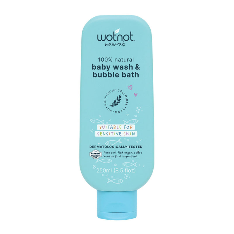 A 250ml bottle of Wotnot Baby Wash & Bubble Bath, 100% natural, dermatologically tested and suitable for sensitive skin; features white text and small fish images on the packaging.
