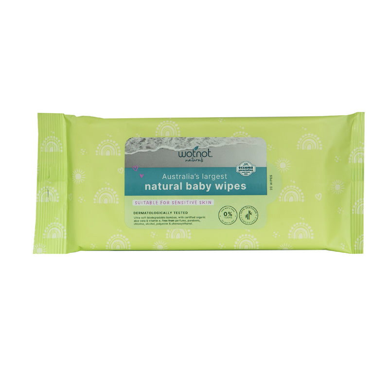 Wotnot Baby Travel Wipes 20pk come in light green packaging with white patterns, highlighting they are "Australia's largest natural baby wipes," contain natural vitamin E, and are suitable for sensitive skin.