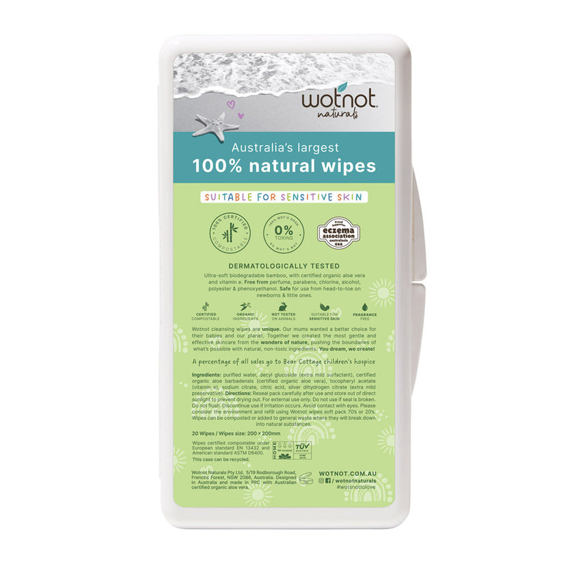 Wotnot Baby Travel Wipes with Hard Case 20pk are biodegradable wipes for sensitive skin, dermatologically tested, endorsed by the Eczema Association of Australasia, and conveniently sized for travel.