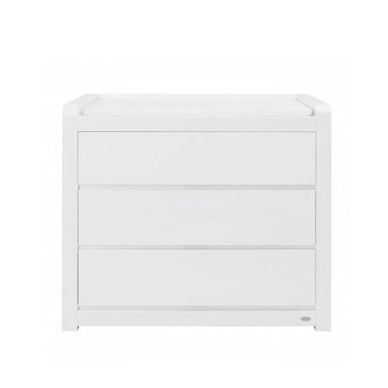 The Cocoon Aston/Flair Change Table by Cocoon is a minimalist white dresser with three drawers and a flat top, perfect as stylish baby furniture or a practical change table, shown against a plain white background.