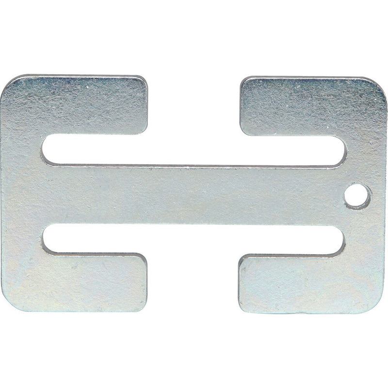 The InfaSecure Gated Buckle by InfaSecure is a flat, rectangular metal bracket featuring two U-shaped slots on each side and a small round hole near one end, designed for use in child restraint or lap sash belt installations, shown against a white background.