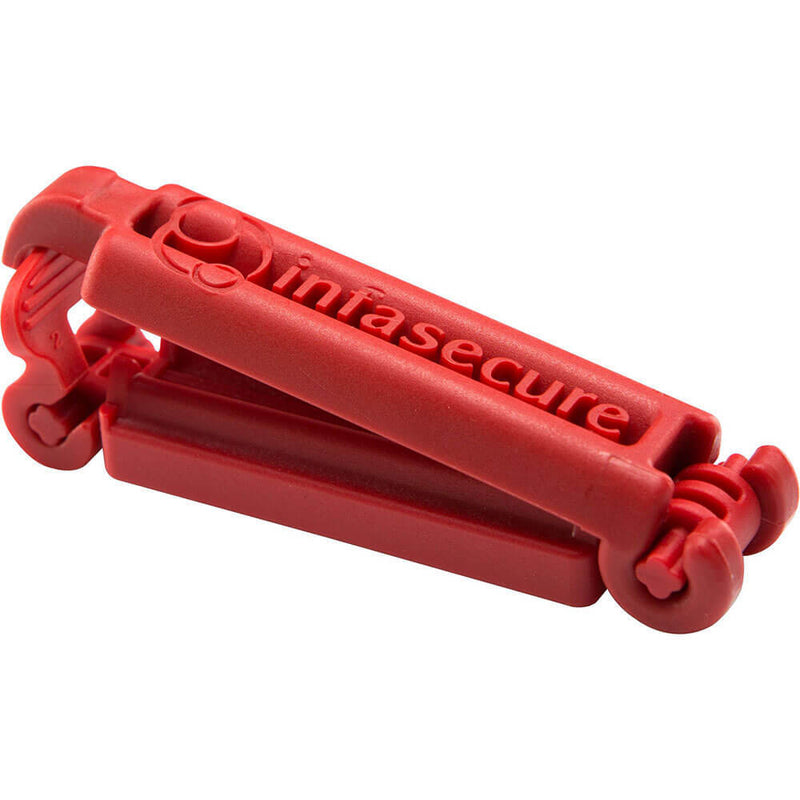 The InfaSecure Safe Grip Belt Clamp, a red plastic seatbelt guide with the brand name and logo embossed, is shown closed to help ensure secure child restraint installation.