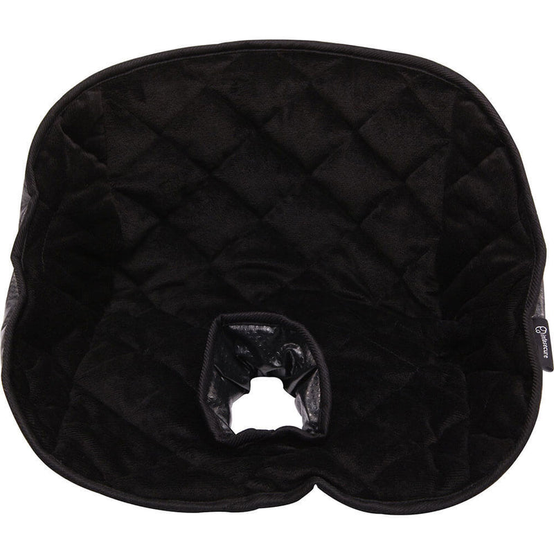 The InfaSecure Deluxe Piddle Pad by InfaSecure is a black, quilted, horseshoe-shaped cushion with a central opening for sitting comfort and pressure relief—ideal as a car seat protector or for medical and therapeutic use.
