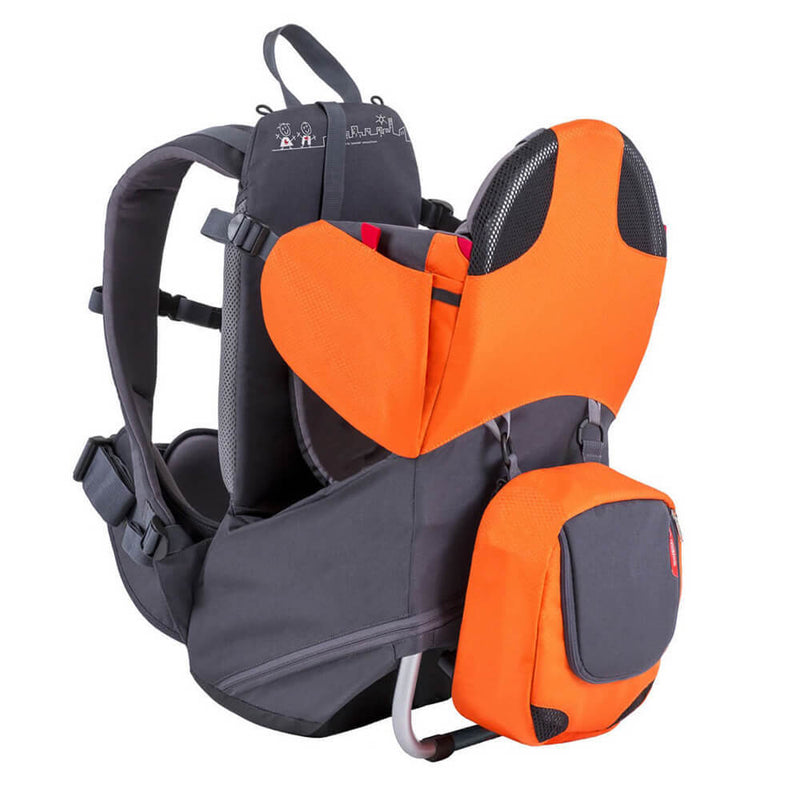 The Phil & Teds Parade Carrier by Phil & Teds is a lightweight gray and orange child backpack with padded shoulder straps, a supportive frame, and an attached orange storage pouch for outdoor adventures.