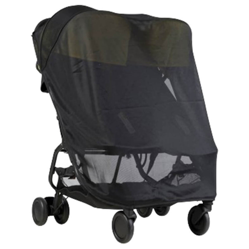 The Mountain Buggy Nano Duo Sun Cover is a black double mesh sunshade for the Mountain Buggy Nano Duo stroller, offering insect protection with coverage over both seats. The stroller features four wheels and a protective extendable cover.