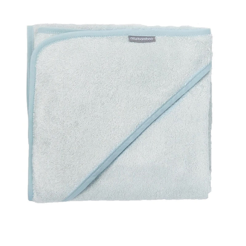The Little Bamboo Hooded Towel by Little Bamboo is a soft, light blue bamboo towel with a hooded corner, gentle enough for newborns' sensitive skin.