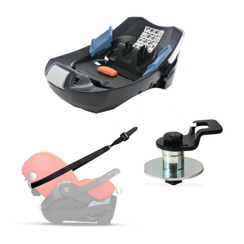 The Cybex Cloud Q Spare Base & Top Tether Kit by Cybex is pictured with a locking bolt and anchor strap, highlighting the car anchor point and featuring an illustration of infant car seat installation.