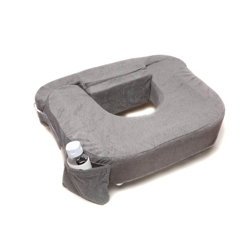 The My Brest Friend Twin by My Brest Friend is a gray, U-shaped twin breastfeeding pillow with a plush cover and a side pocket for a water bottle—ideal for supporting and comfortably breastfeeding twins.