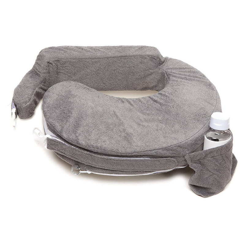 The My Brest Friend Deluxe Baby Nursing Pillow by My Brest Friend is a gray pillow with a pocket for a baby bottle, designed to wrap around your waist and support your infant during feeding.