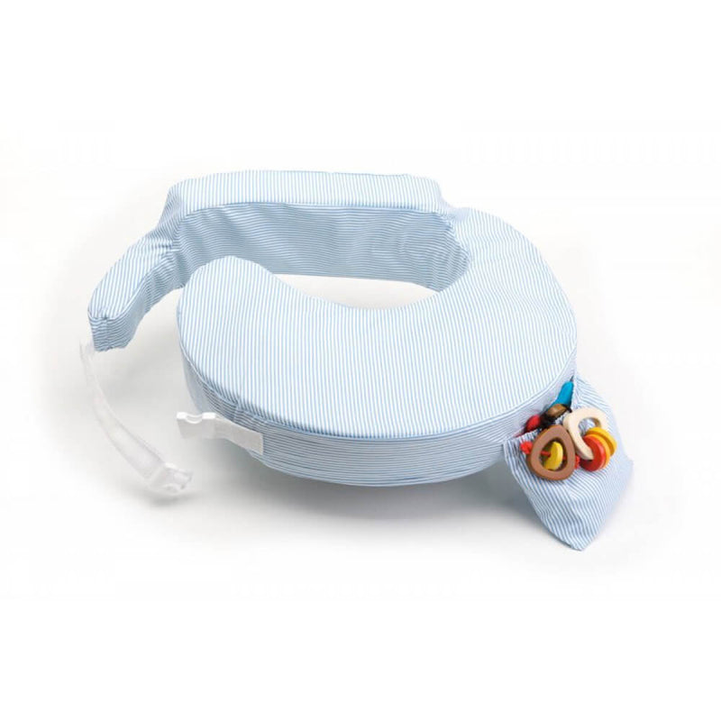 The My Brest Friend Nursing Pillow by My Brest Friend features light blue and white stripes, an attached side pocket for baby toys, and a white adjustable buckle strap for essential breastfeeding support.