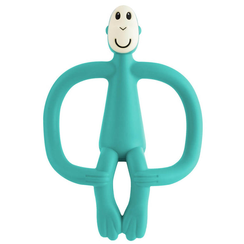 A teal Matchstick Monkey Teething Toy by Matchstick Monkey features a smiling white face, flexible design, curved open arms, and legs together—perfect as a baby teether.