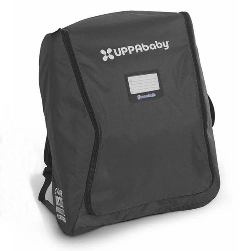 The UPPAbaby Minu Travel Bag is a black stroller bag with a zipper, name tag slot, and handles, made for transporting strollers or car seats. It’s compatible with the TravelSafe program.