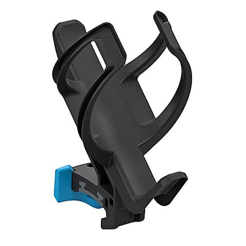The Thule Hydration Cage by Thule is a black plastic water bottle holder with a blue adjustment clip, designed to attach securely to your bike frame or Thule stroller—making it an ideal accessory for hydration on the go.