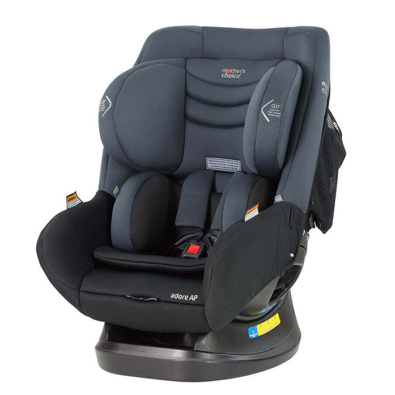 The Mother's Choice Adore AP Convertible Car Seat, in black and grey, features padded sides, headrest, side wings, adjustable harness slots, and AirProtect Technology for safety and comfort.