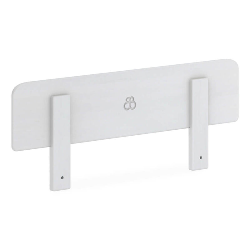 The Boori Toddler Guard Panel by Boori is a white wooden panel with two vertical support bars, a rounded top edge, and a central decorative logo—perfect for securing your toddler bed or cot bed.