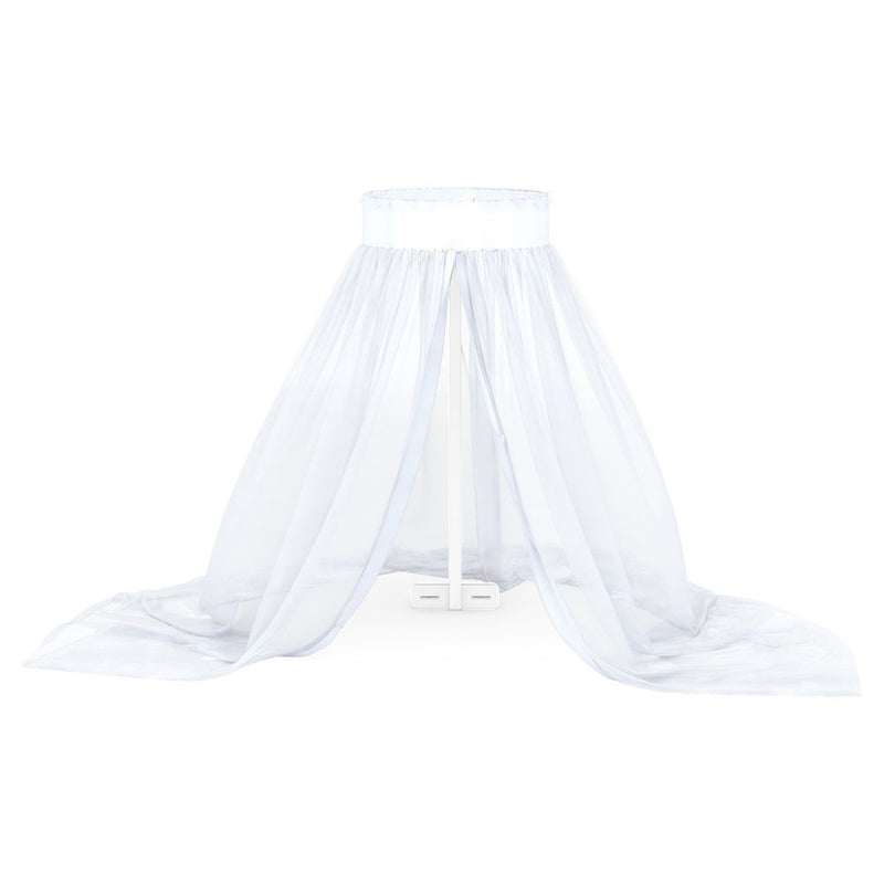 The Boori Halo Net & Stand by Boori features a white mesh canopy with a circular top and sheer fabric, perfect for hanging over a cot bed or crib as a protective nursery net. Displayed on a white background.
