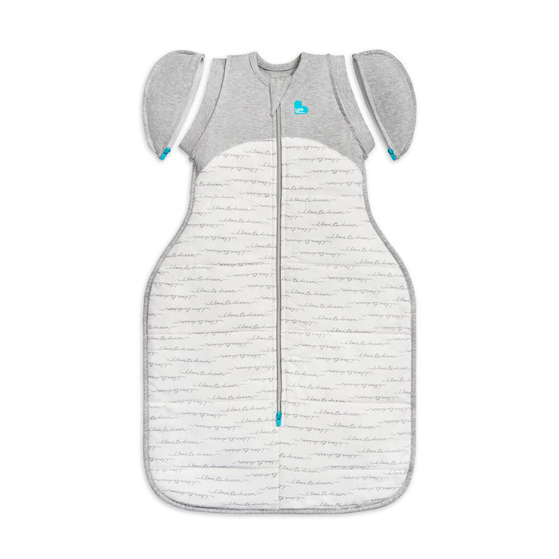 The Love To Dream Swaddle UP Transition Bag 2.5 tog by Love To Dream is a gray and white sleep sack with removable wing-shaped sleeves, a center zipper, and a subtle script pattern—ideal for babies moving from swaddling to independent sleep.