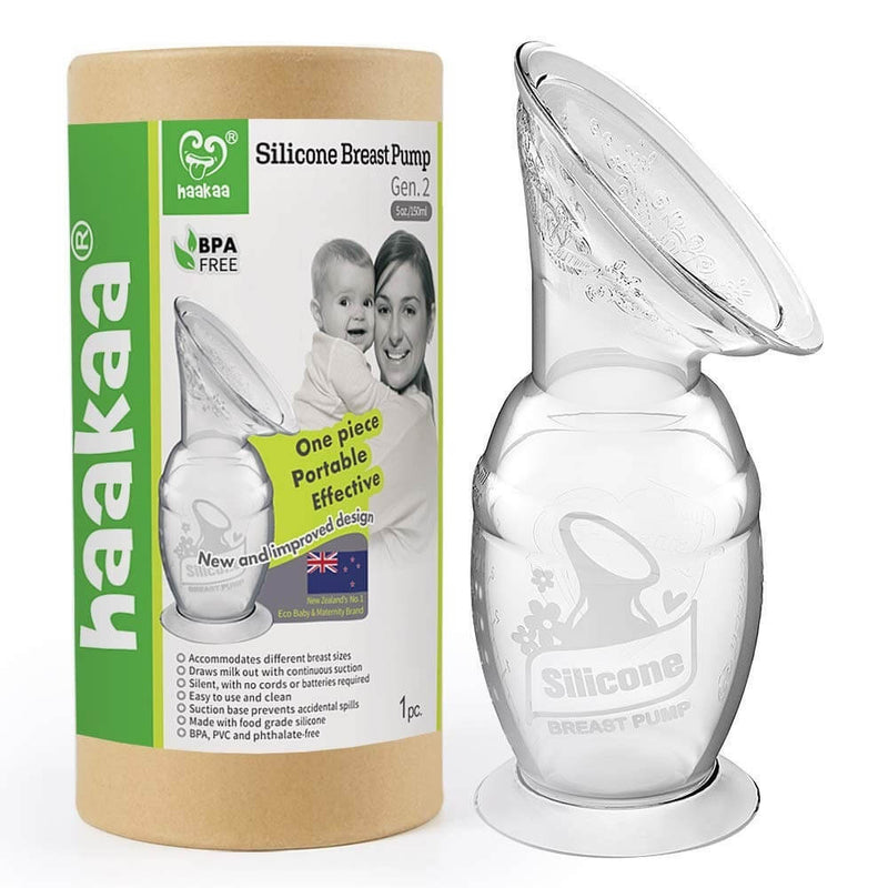 The Haakaa Silicone Breast Pump 150ml, made from food grade silicone, is shown beside its branded cylindrical packaging featuring product details, a mother and baby photo, and claims like BPA-free, portable, and effective design.