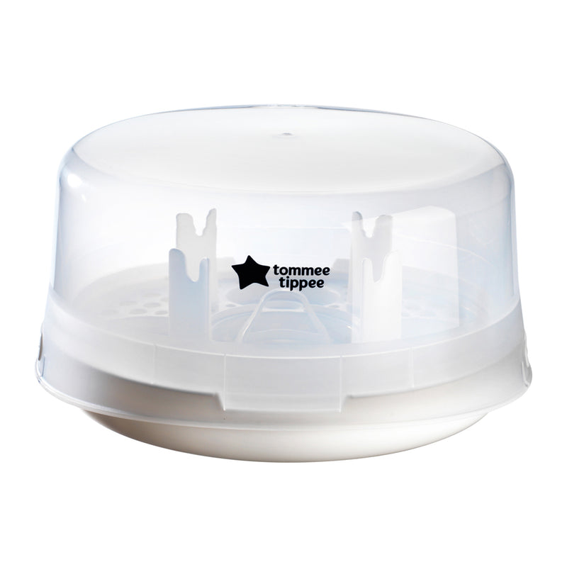 The Tommee Tippee Closer To Nature Microwave Steriliser, in white and transparent with a domed lid and brand logo, is perfect for quick steam sterilising of baby bottles.