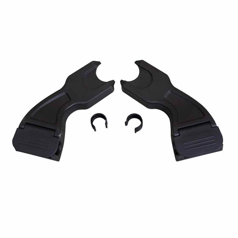 The Mountain Buggy Travel System Clip 25 v2 features two black plastic U-shaped adaptors and two small circular clips, shown on a white background—perfect for your Mountain Buggy stroller setup.