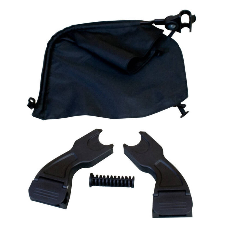 The Mountain Buggy Travel System Clip 28 includes a black fabric drawstring bag, two black plastic hook brackets, and a ribbed connector, compatible as a car seat adaptor for Maxi-Cosi Mico on the duet double stroller. Brand: Mountain Buggy.