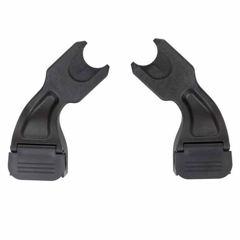 Two black plastic adaptors, Mountain Buggy Travel System Clip 32 by Mountain Buggy, feature curved arms, U-shaped openings, rectangular hinges, and ridged bottoms. Compatible with the urban jungle stroller and Travel System.