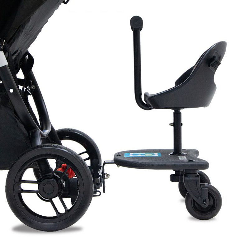 A close-up of a stroller with the Vee Bee EZ Rider, a black ride-on board and seat by Vee Bee for an older child, featuring two wheels and a support handlebar.