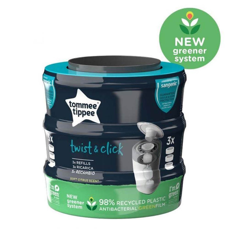 Tommee Tippee Twist & Click Refills, pack of 3 with antibacterial green film for odour control, feature a new greener system made from 98% recycled plastic.