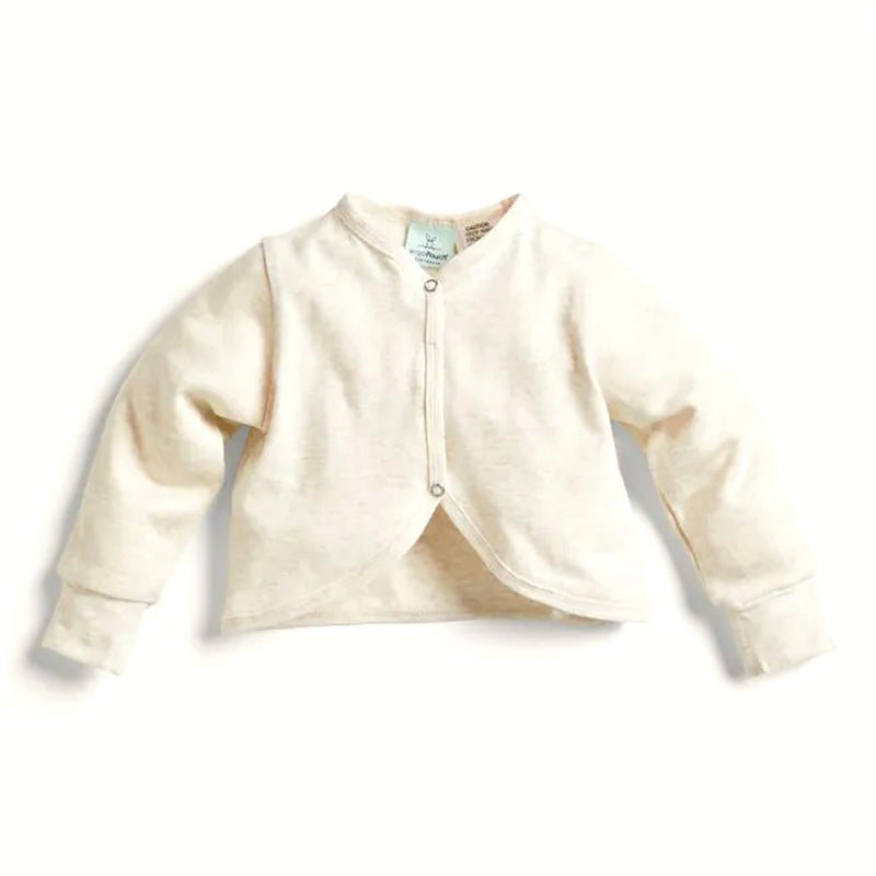 The ErgoPouch Arm Warmers by ErgoPouch are cream-colored, long-sleeve, organic cotton arm coverings with a round neck and snap front, perfect for cozy baby sleepwear, shown on a white background.