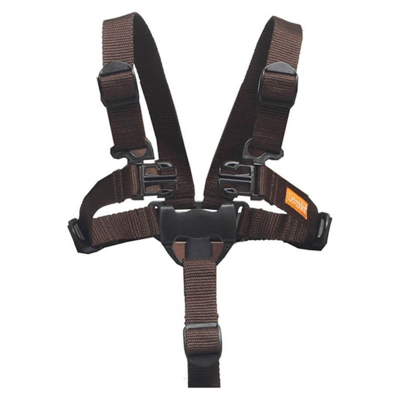The Leander Chair Harness by Leander is a brown adjustable 5-point safety harness with black plastic buckles and an orange side label, designed to securely fasten around the body for child safety.