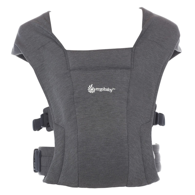 The Ergobaby Embrace Newborn Baby Carrier, in gray, features adjustable shoulder straps and buckles for hands-free carrying, combining cozy comfort with the support of a soft wrap carrier.