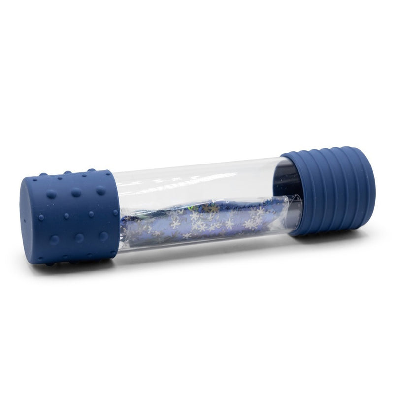 The Jellystone Calm Down Bottle by Jellystone is a clear sensory toy with blue textured caps, filled with blue liquid and silver snowflake glitter—ideal for helping children relax.
