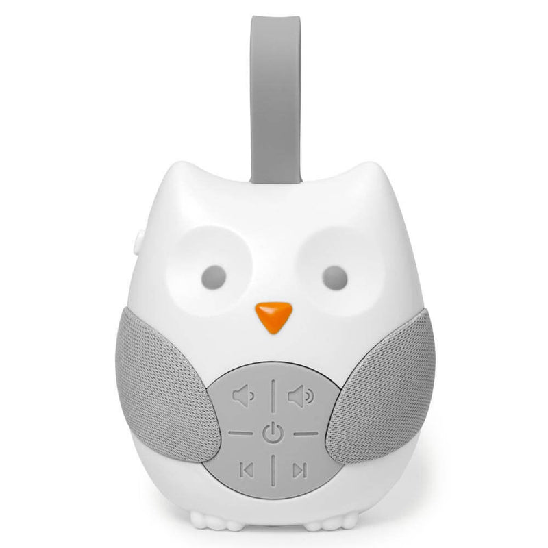 The Skip Hop Stroll & Go Portable Baby Soother by Skip Hop is a white and gray owl-shaped sound machine with a top handle, orange beak, and belly buttons—perfect for travel or stroller use.