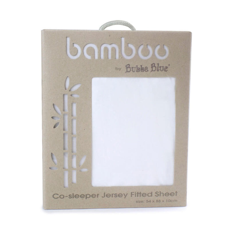 A cardboard package labeled "Bubba Blue Bamboo Co Sleeper Fitted Sheet" features bamboo illustrations and a cutout displaying the soft, hypoallergenic white sheet inside.