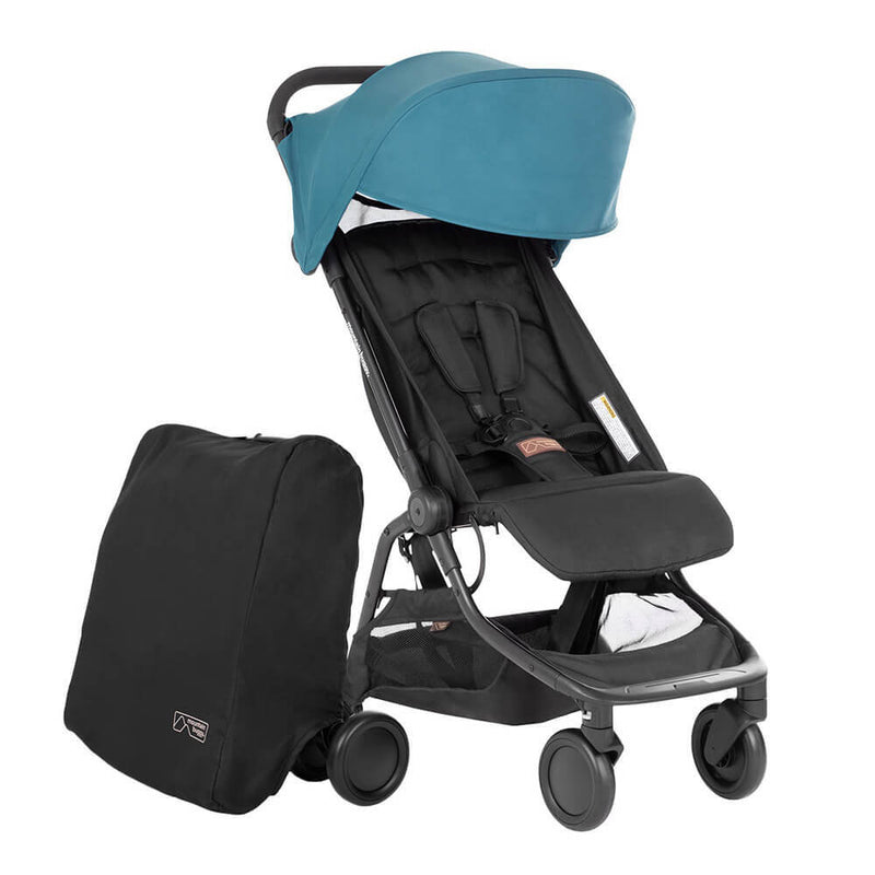 The Mountain Buggy Nano V3 Travel Stroller by Mountain Buggy, shown with a teal canopy and black carrying case, features four wheels, a seat harness, and an under-seat storage basket for convenient travel.