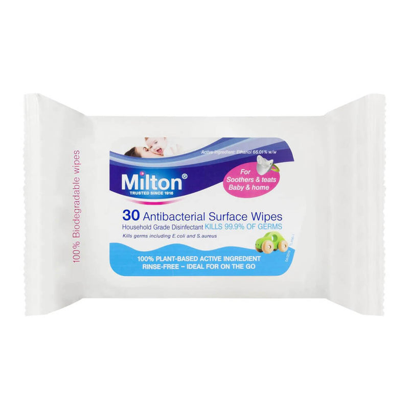 Milton Antibacterial Surface Wipes 30 Pack by Milton contains 30 biodegradable, plant-based wipes. The packaging states they kill 99.9% of germs and are suitable for both baby and home use.