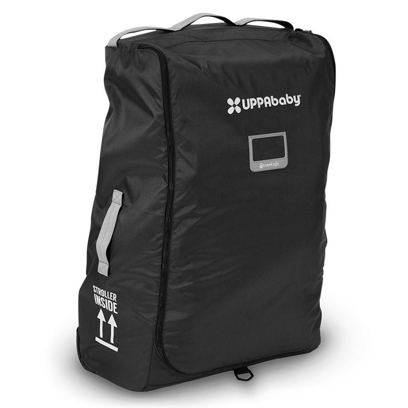 The UPPAbaby Travel Bag is a large black stroller bag with the UPPAbaby logo, gray handle, label holder, and "Stroller Inside" printed near the bottom. Designed for Vista Cruz strollers and compatible with the TravelSafe Program.
