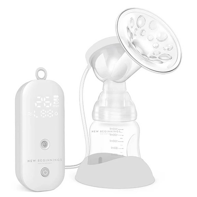 The New Beginnings Single Breast Pump by New Beginnings, featuring a white USB-rechargeable design with digital display, suction cup, and milk collection bottle, is shown beside its labeled control unit.