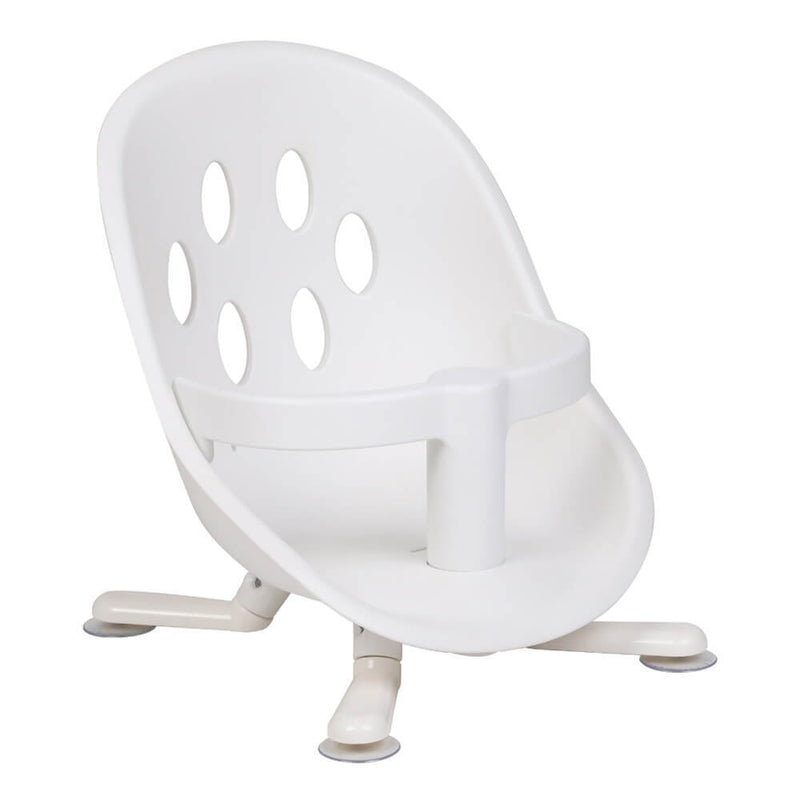 The Phil & Teds Poppy Bath Seat by Phil & Teds features a white plastic high backrest, rounded back, four oval holes, a front support bar, and four stable legs with suction cup bases for safety.