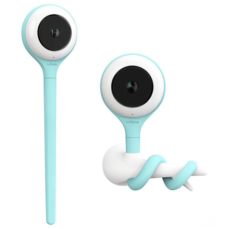 Two Lollipop Smart Cameras by Lollipop, featuring round black video cameras with white and aqua blue flexible stems—one standing upright, the other wrapped around a white rod—for versatile cry detection wherever you need it.